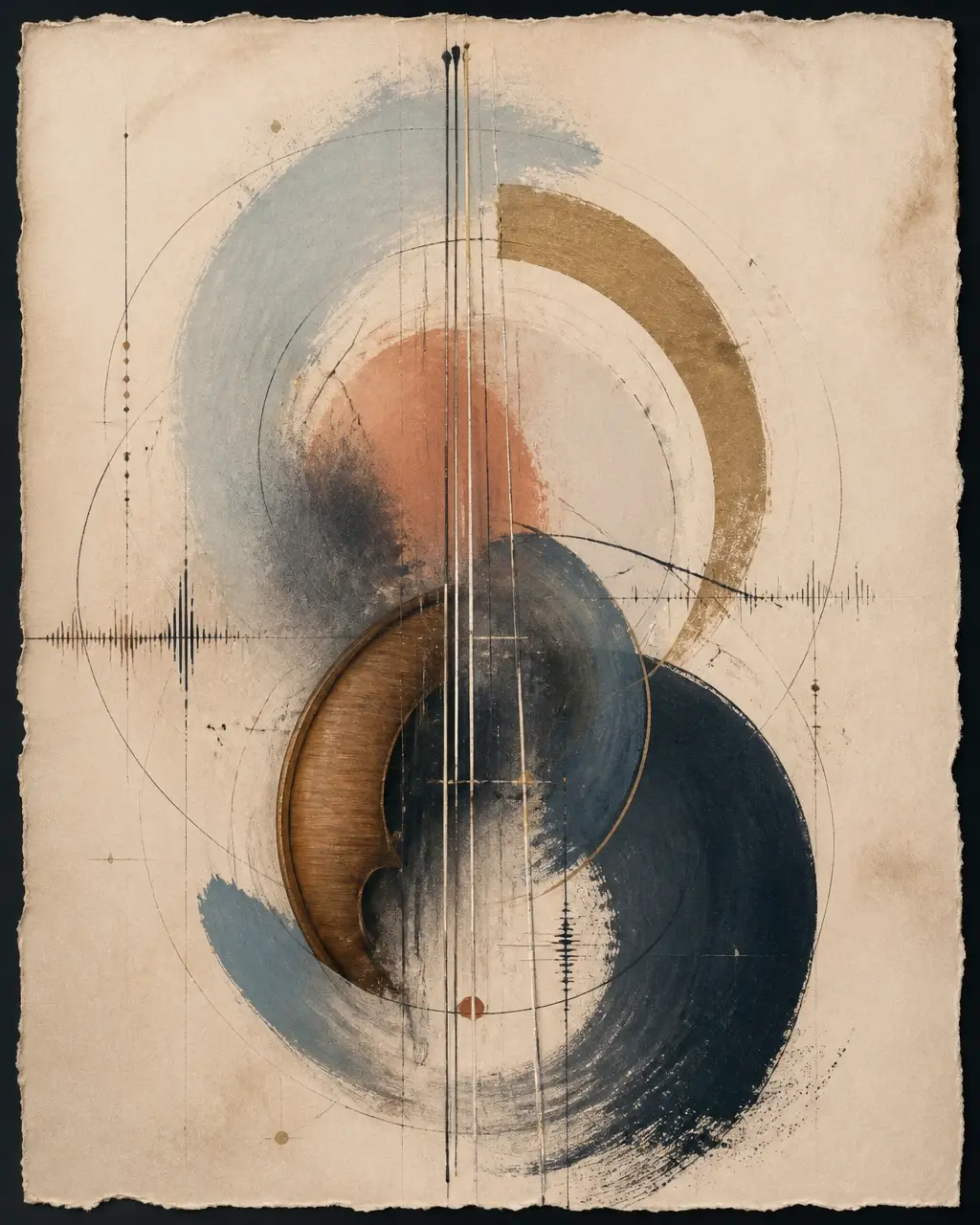 Abstract cello-string gesture rising through painted arcs and waveform marks