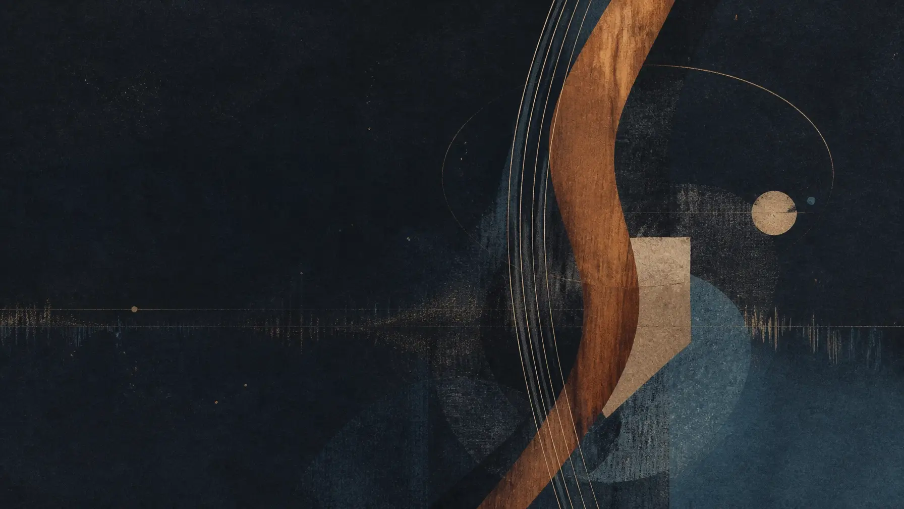 Abstract cello curve and fine string lines moving through a quiet orbital field